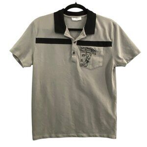 VERSAGE Men Polo Shirt Size L Gray Stripe Casual Collar Face Pocket Casual 5-10